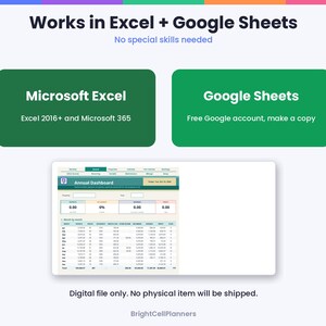 May include: A digital annual dashboard spreadsheet template compatible with Microsoft Excel 2016 and 365, and Google Sheets. The interface features a green header, data tables, and financial summary boxes. Text includes Works in Excel + Google Sheets, Microsoft Excel, Google Sheets, and Annual Dashboard.