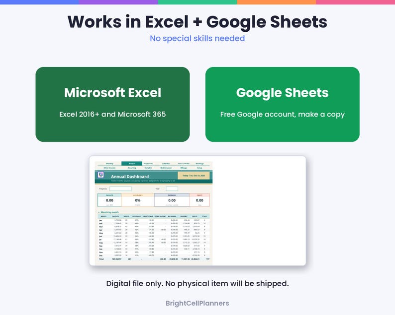 May include: A digital annual dashboard spreadsheet template compatible with Microsoft Excel 2016 and 365, and Google Sheets. The interface features a green header, data tables, and financial summary boxes. Text includes Works in Excel + Google Sheets, Microsoft Excel, Google Sheets, and Annual Dashboard.