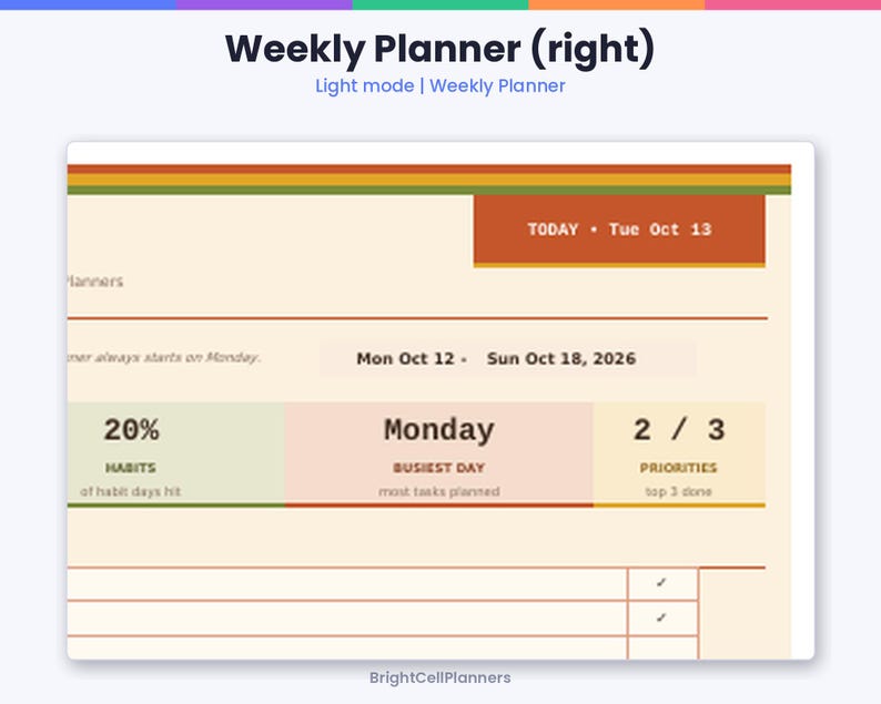 May include: A digital weekly planner page featuring a cream background with orange, yellow, and green header stripes. The text includes Weekly Planner (right), Today Tue Oct 13, Mon Oct 12 - Sun Oct 18, 2026, Habits, Monday, Busiest Day, and Priorities.