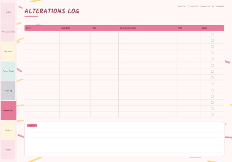 May include: A digital sewing project planner page titled ALTERATIONS LOG in pink text. The layout features a table with columns for date, garment, for, change needed, time, and done, plus a notes section at the bottom with lined space.