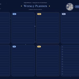May include: A digital weekly planner template with a dark blue night sky theme featuring a crescent moon, stars, and labeled sections for each day of the week. The layout includes lined writing spaces, a checklist column, and navigation tabs.