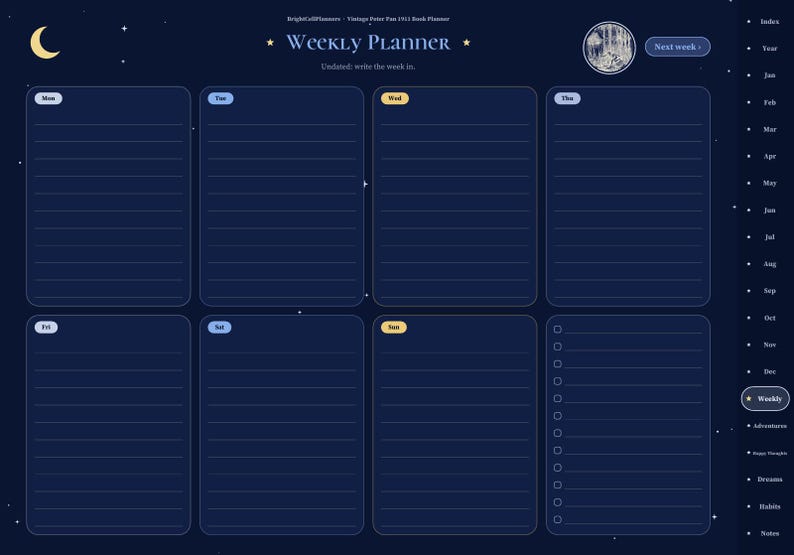 May include: A digital weekly planner template with a dark blue night sky theme featuring a crescent moon, stars, and labeled sections for each day of the week. The layout includes lined writing spaces, a checklist column, and navigation tabs.