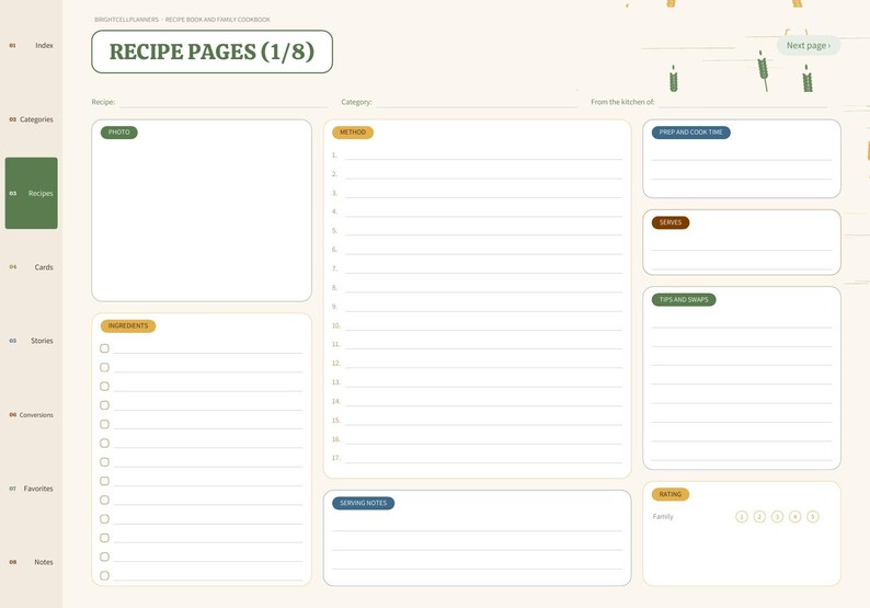 May include: A digital recipe planner page template with a cream background. The header reads RECIPE PAGES (1/8). Sections include Photo, Ingredients, Method, Prep and Cook Time, Serves, Tips and Snaps, Serving Notes, and Rating with five circles.