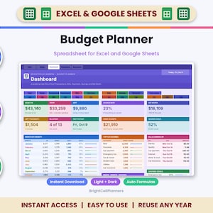 Puede incluir: Una hoja de c&aacute;lculo de presupuesto digital para Excel y Google Sheets con una interfaz de panel p&uacute;rpura que muestra datos financieros, gr&aacute;ficos y tablas. Incluye etiquetas de texto como Auto Formulas, Fully Editable, Mac, PC & Mobile y BrightCellPlanners.