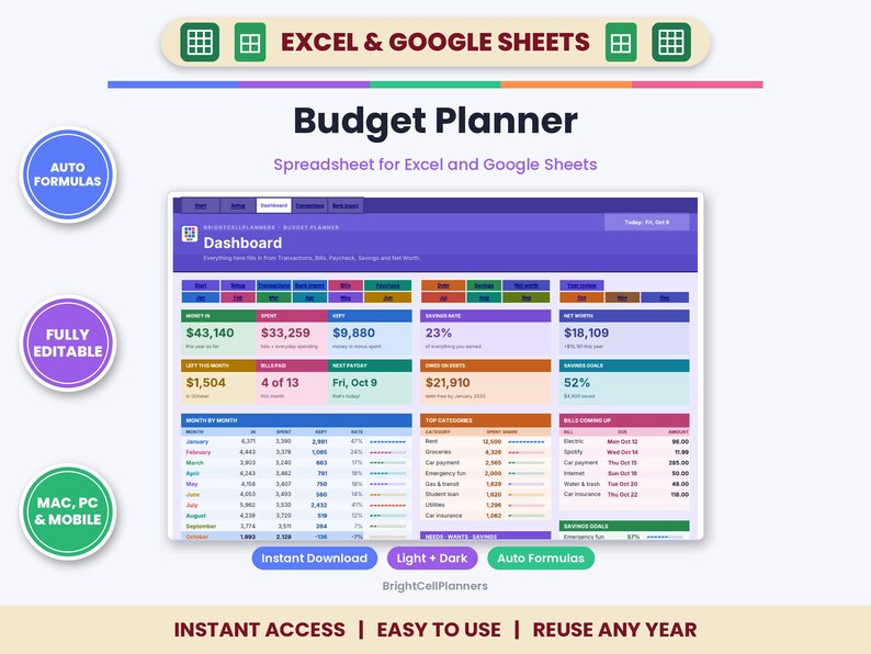 Puede incluir: Una hoja de c&aacute;lculo de presupuesto digital para Excel y Google Sheets con una interfaz de panel p&uacute;rpura que muestra datos financieros, gr&aacute;ficos y tablas. Incluye etiquetas de texto como Auto Formulas, Fully Editable, Mac, PC & Mobile y BrightCellPlanners.