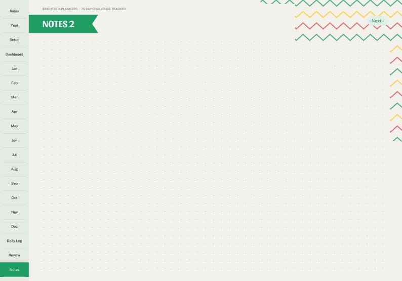 May include: A digital planner page titled NOTES 2 with a light cream dot grid background. The left sidebar features navigation tabs for months and sections. The top right corner displays a colorful chevron pattern and a Next button.