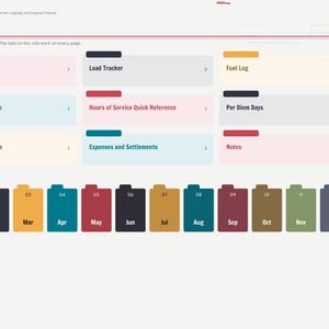 May include: A digital 2027 truck driver logbook and expense planner index page. It features navigation buttons for 2027 at a glance, load tracker, fuel log, IFTA miles by state, hours of service, per diem days, truck maintenance, and expenses.