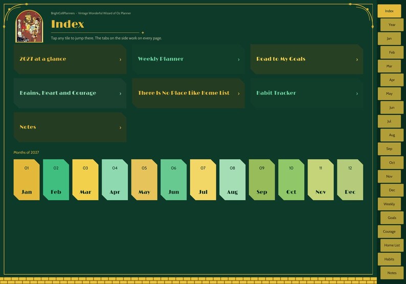 May include: A digital planner index page with a dark green background featuring the title Index and sections for 2024 at a glance, Weekly Planner, Road to My Goals, Brains, Heart and Courage, There Is No Place Like Home List, and Habit Tracker.