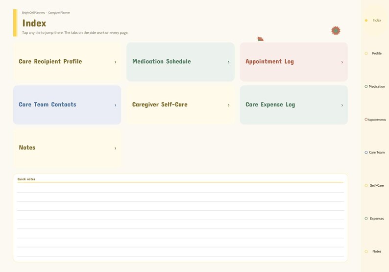 May include: A digital caregiver planner index page featuring a light cream background with pastel-colored navigation tiles labeled Care Recipient Profile, Medication Schedule, Appointment Log, Care Team Contacts, Caregiver Self-Care, and Care Expense Log.