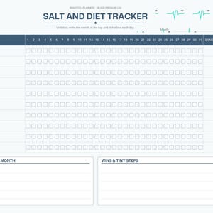 May include: A digital Salt and Diet Tracker planner page with a dark blue header, a 31-day grid for daily habits like water and medication, and sections for Notes for This Month and Wins & Tiny Steps, featuring a side navigation bar.