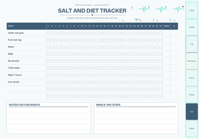 May include: A digital Salt and Diet Tracker planner page with a dark blue header, a 31-day grid for daily habits like water and medication, and sections for Notes for This Month and Wins & Tiny Steps, featuring a side navigation bar.