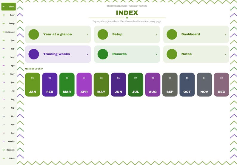 May include: A digital workout planner index page featuring the title INDEX and the subtitle BRIGHTELLPLANNERS WORKOUT PLANNER. It includes navigation tiles for Year at a glance, Setup, Dashboard, Training weeks, Records, and Notes.