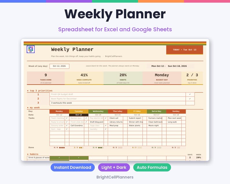 May include: A digital weekly planner spreadsheet for Excel and Google Sheets with a cream background, featuring sections for top 3 priorities, daily tasks from Monday to Sunday, and habit tracking with progress bars and percentage indicators.