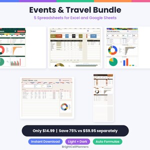May include: Events & Travel Bundle featuring 5 spreadsheets for Excel and Google Sheets. The digital collection includes various budget trackers, travel bucket lists, and event planning templates with colorful charts, graphs, and tables for data organization.