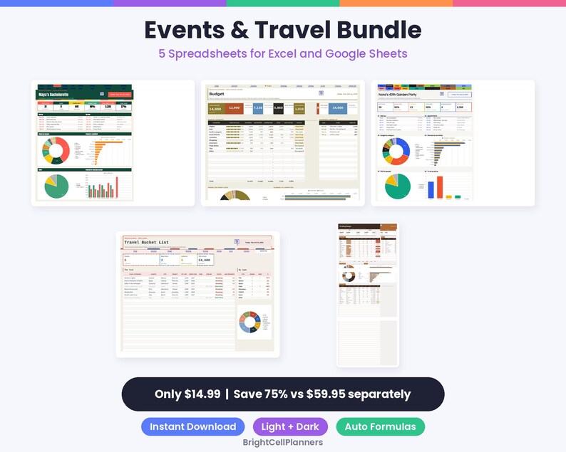 May include: Events & Travel Bundle featuring 5 spreadsheets for Excel and Google Sheets. The digital collection includes various budget trackers, travel bucket lists, and event planning templates with colorful charts, graphs, and tables for data organization.