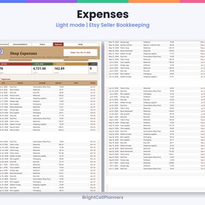 K&ouml;nnte beinhalten: Eine digitale Tabellenkalkulation mit dem Titel Expenses Light mode | Etsy Seller Bookkeeping, die ein Shop Expenses Dashboard mit Spalten f&uuml;r Datum, Anbieter, Kategorie, Betrag und Monat zeigt und eine Liste von Finanztransaktionen enth&auml;lt.
