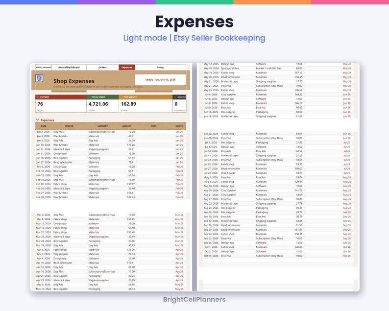 K&ouml;nnte beinhalten: Eine digitale Tabellenkalkulation mit dem Titel Expenses Light mode | Etsy Seller Bookkeeping, die ein Shop Expenses Dashboard mit Spalten f&uuml;r Datum, Anbieter, Kategorie, Betrag und Monat zeigt und eine Liste von Finanztransaktionen enth&auml;lt.