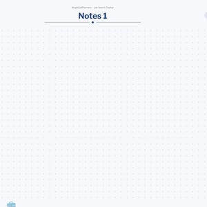 May include: A digital planner page titled Notes 1 with a light blue dot grid background. The right sidebar features navigation tabs labeled Index, My Search, Applications, Interview, Networking, Resumes, Offers, and Notes in dark blue text.