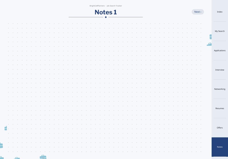 May include: A digital planner page titled Notes 1 with a light blue dot grid background. The right sidebar features navigation tabs labeled Index, My Search, Applications, Interview, Networking, Resumes, Offers, and Notes in dark blue text.
