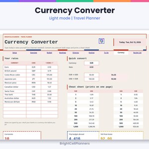 May include: A digital currency converter travel planner template with a light beige background. The interface features a table for currency rates, a quick convert section, and a printable cheat sheet with conversion values for EUR and USD.