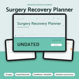 May include: An undated digital Surgery Recovery Planner displayed on three tablet screens. The main screen features the title Surgery Recovery Planner, the text Prepared before, cared for after, and an Open planner button.