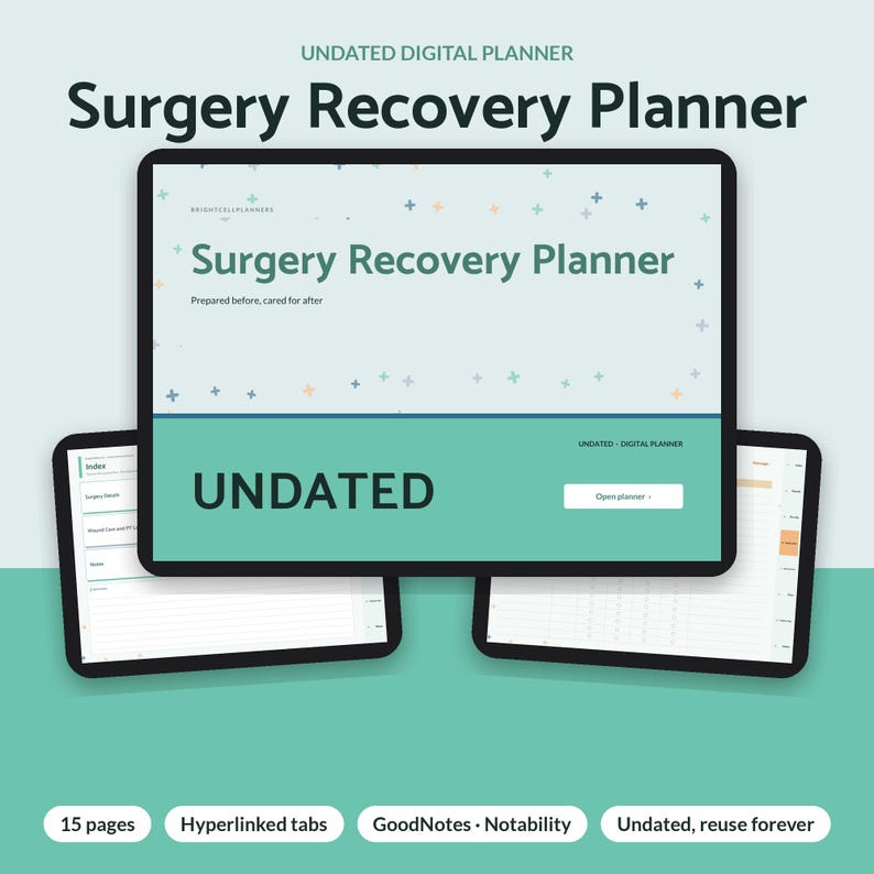 May include: An undated digital Surgery Recovery Planner displayed on three tablet screens. The main screen features the title Surgery Recovery Planner, the text Prepared before, cared for after, and an Open planner button.