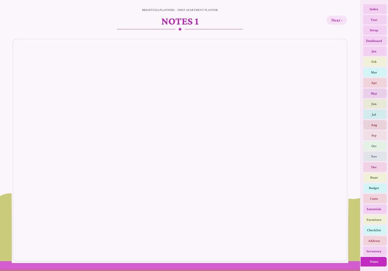May include: A digital planner page titled NOTES 1 with a light purple background. The right side features a vertical navigation bar with colorful tabs labeled Index, Year, Setup, Dashboard, months from Jan to Dec, Hunt, Budget, Costs, Essentials, Furniture, Checklist, Address, Inventory, and Notes.