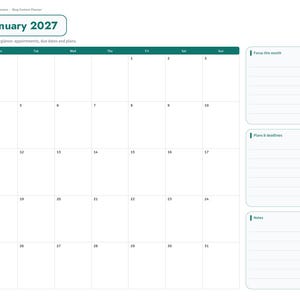 May include: A digital planner page for January 2027 featuring a monthly calendar grid with days of the week, a sidebar with navigation tabs, and three lined sections on the right labeled Focus this month, Plans & deadlines, and Notes.