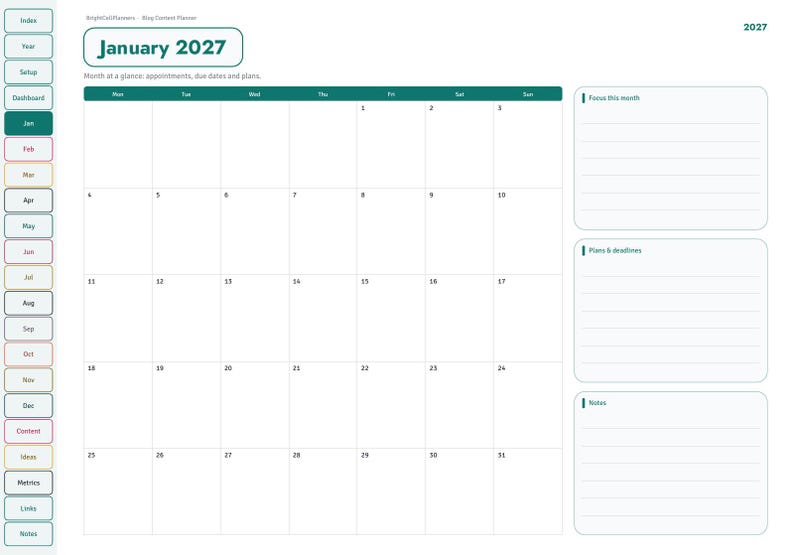 May include: A digital planner page for January 2027 featuring a monthly calendar grid with days of the week, a sidebar with navigation tabs, and three lined sections on the right labeled Focus this month, Plans & deadlines, and Notes.