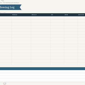 May include: A digital planner page titled Shadowing Log with a dark blue header and a table featuring columns for Date, Physician, Specialty, Site, Hours, and Reflection. The page includes a bottom notes section and a side navigation bar.