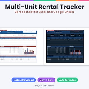 May include: A Multi-Unit Rental Tracker spreadsheet for Excel and Google Sheets featuring a Portfolio Dashboard with light and dark mode views, data tables, and bar charts. Includes buttons for Instant Download, Light + Dark, and Auto Formulas.