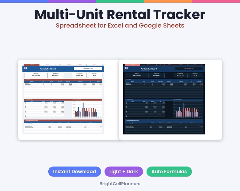 May include: A Multi-Unit Rental Tracker spreadsheet for Excel and Google Sheets featuring a Portfolio Dashboard with light and dark mode views, data tables, and bar charts. Includes buttons for Instant Download, Light + Dark, and Auto Formulas.