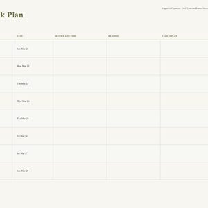 Puede incluir: Una p&aacute;gina de planificador digital titulada Holy Week Plan con columnas para d&iacute;a, fecha, servicio y hora, lectura y plan familiar. Las filas enumeran los d&iacute;as desde el Domingo de Ramos hasta el Domingo de Pascua. Men&uacute; de pesta&ntilde;as a la derecha.