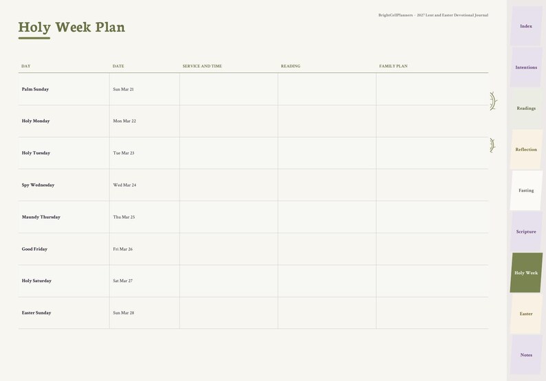 Puede incluir: Una p&aacute;gina de planificador digital titulada Holy Week Plan con columnas para d&iacute;a, fecha, servicio y hora, lectura y plan familiar. Las filas enumeran los d&iacute;as desde el Domingo de Ramos hasta el Domingo de Pascua. Men&uacute; de pesta&ntilde;as a la derecha.