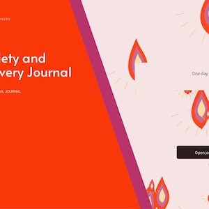 May include: A digital Sobriety and Recovery Journal by Brightcellplanners with a bright orange left panel and a light pink right panel featuring flame-like illustrations. Text includes One day at a time, rising and Open journal.