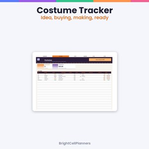 May include: A digital Costume Tracker spreadsheet interface displayed on a tablet screen. The header reads Costume Tracker, Idea, buying, making, ready. The table includes columns for status, budget, and cost, with BrightCellPlanners at the bottom.