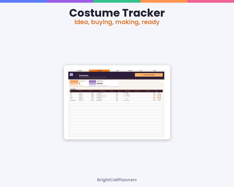 May include: A digital Costume Tracker spreadsheet interface displayed on a tablet screen. The header reads Costume Tracker, Idea, buying, making, ready. The table includes columns for status, budget, and cost, with BrightCellPlanners at the bottom.