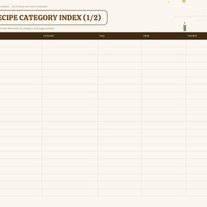 May include: A digital recipe category index planner page with a cream background and brown headers. The table includes columns for recipe, category, page, from, and favorite. Text reads RECIPE CATEGORY INDEX (1/2) and Next page.