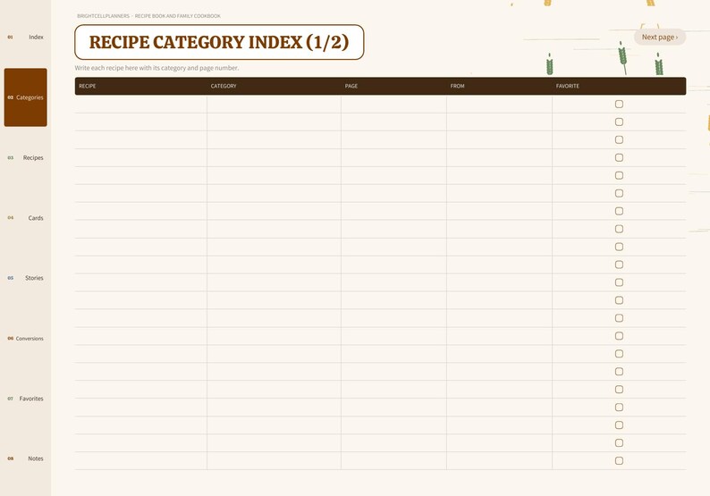 May include: A digital recipe category index planner page with a cream background and brown headers. The table includes columns for recipe, category, page, from, and favorite. Text reads RECIPE CATEGORY INDEX (1/2) and Next page.