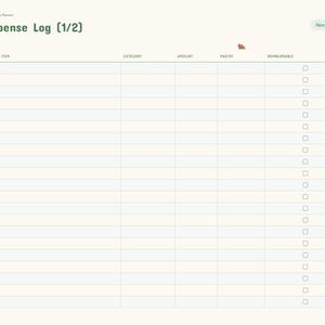 May include: A digital Care Expense Log (1/2) planner page with columns for date, item, category, amount, paid by, and reimbursable checkboxes. The layout features a cream background, green accents, and a side navigation bar with labels.