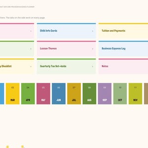 May include: A digital 2027 daycare provider business planner index page featuring a grid of navigation tiles for sections like 2027 at a glance, Child Info Cards, Tuition and Payments, Meal and Snack Log, Lesson Themes, and a monthly calendar row.