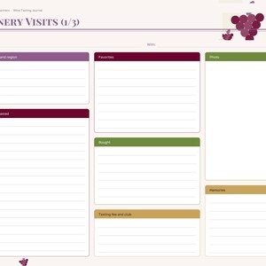 May include: A digital wine tasting journal page titled Winery Visits (1/3) with sections for winery and region, favorites, wines tasted, bought, tasting fee and club, photos, and memories, featuring purple grape illustrations.