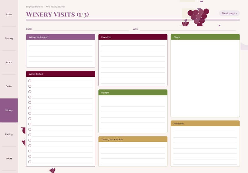 May include: A digital wine tasting journal page titled Winery Visits (1/3) with sections for winery and region, favorites, wines tasted, bought, tasting fee and club, photos, and memories, featuring purple grape illustrations.