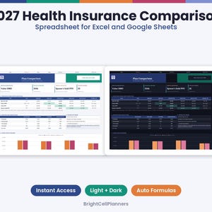 May include: A 2027 Health Insurance Comparison spreadsheet for Excel and Google Sheets featuring light and dark mode versions. The interface displays plan comparisons, premium costs, and bar charts. Text includes Instant Access, Light + Dark, Auto Formulas, and BrightCellPlanners.