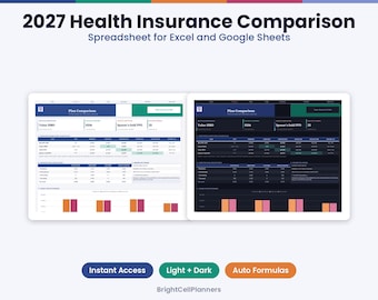 Pode incluir: Uma planilha de comparação de seguro saúde 2027 para Excel e Google Sheets com versões em modo claro e escuro. A interface exibe comparações de planos, custos de prêmios e gráficos de barras. Texto: Instant Access, Light + Dark, Auto Formulas, BrightCellPlanners.
