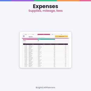 May include: A digital expense tracker spreadsheet titled Expenses with the subtitle Supplies, mileage, fees. The interface displays a table with columns for date, category, description, and amount, branded by BrightCellPlanners.