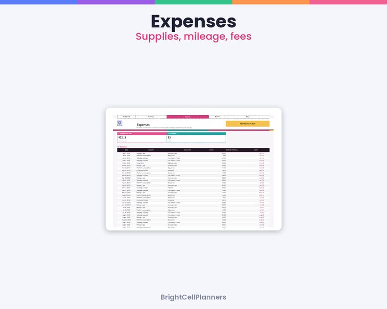 May include: A digital expense tracker spreadsheet titled Expenses with the subtitle Supplies, mileage, fees. The interface displays a table with columns for date, category, description, and amount, branded by BrightCellPlanners.