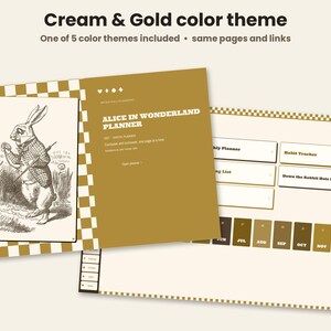 May include: A digital planner with a cream and gold color theme featuring an Alice in Wonderland illustration of a rabbit. The layout includes text reading Alice in Wonderland Planner, Habit Tracker, and Down the Rabbit Hole Prompts.
