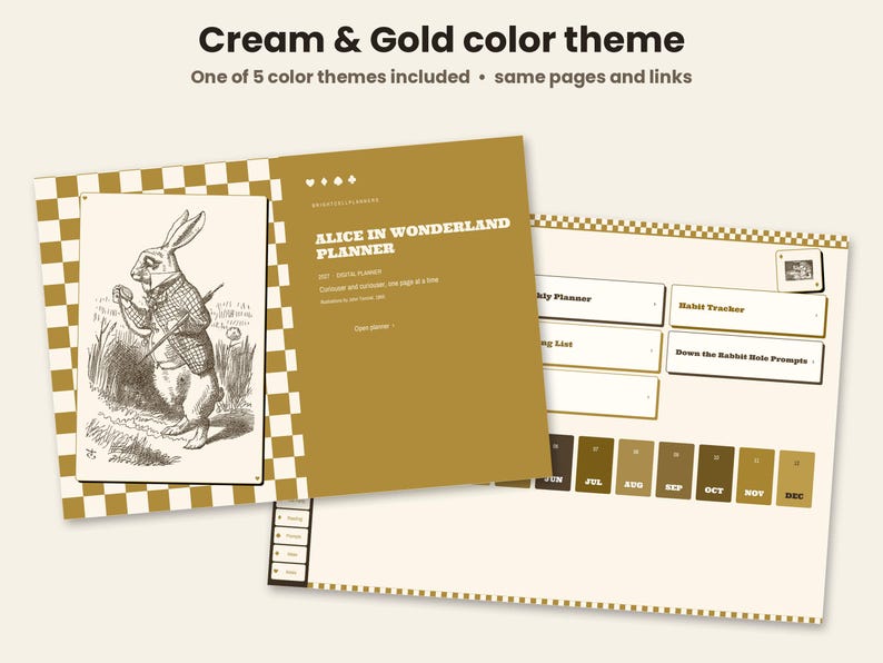 May include: A digital planner with a cream and gold color theme featuring an Alice in Wonderland illustration of a rabbit. The layout includes text reading Alice in Wonderland Planner, Habit Tracker, and Down the Rabbit Hole Prompts.