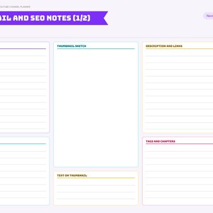 Op de afbeelding: Een digitale plannerpagina getiteld THUMBNAIL AND SEO NOTES (1/2) met secties voor titelopties, schetsen, beschrijvingen, trefwoorden en hoofdstukken. De rechterkant bevat een verticale lijst met tabbladen.